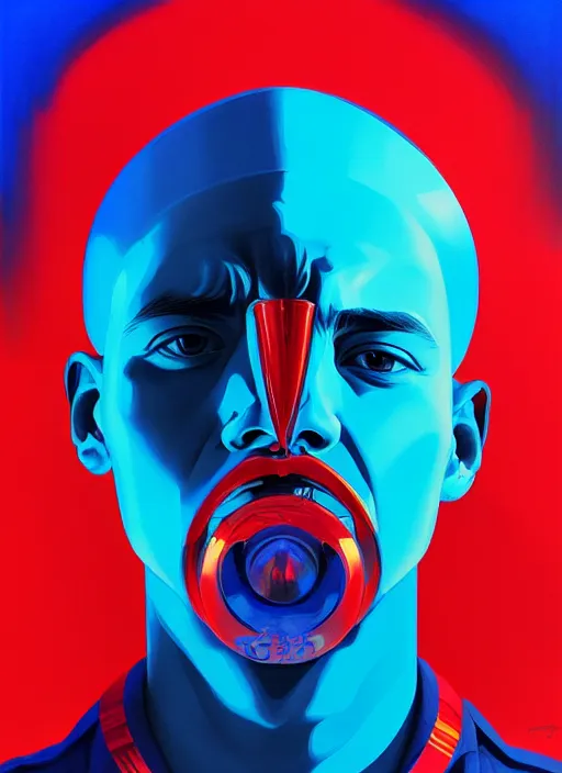 Image similar to red and blue color theme, beautiful hyperrealisitic portrait of burning police officer, tristan eaton, victo ngai, artgerm, rhads, ross draws