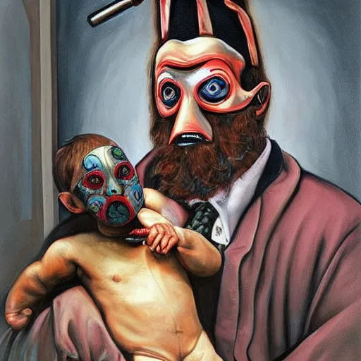 Image similar to hyper realistic painting of a handsome man symmetrical, sitting in a gilded throne, tubes coming out of the man's arm, getting a blood transfusion from a baby. plague doctor in the background created by mike allred