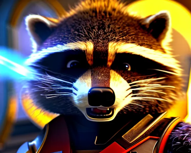 Prompt: closeup portrait, furry rocket the raccoon standing in the hallway of a space ship from guardians of the galaxy, wearing mass effect armor, holding a rocket launcher, soft volumetric lighting, cinematic, pixar, confident action pose, octane, 8 k, photorealism!!