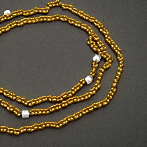 Prompt: a studio photoshoot of a Gold Beaded Chain with 12 beads, designed by Tom Sachs, realistic, color film photography by Tyler Mitchell, 35 mm, graflex