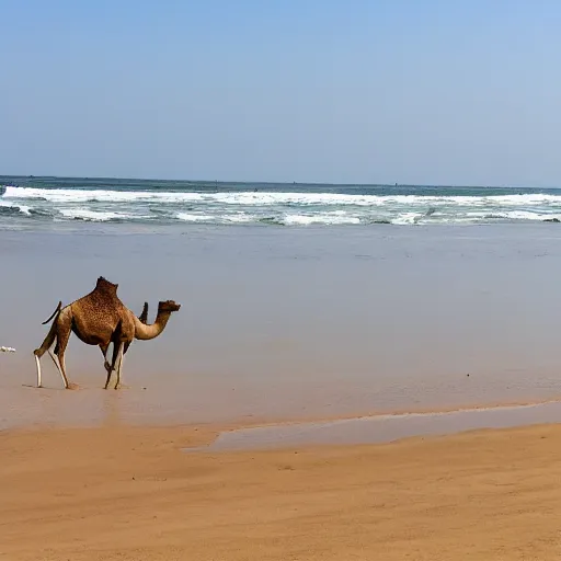 Prompt: a camel swimming on the beach