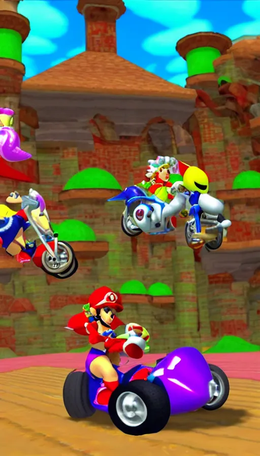 Prompt: shantae racing on mach bike in bowser’s castle mario kart 64