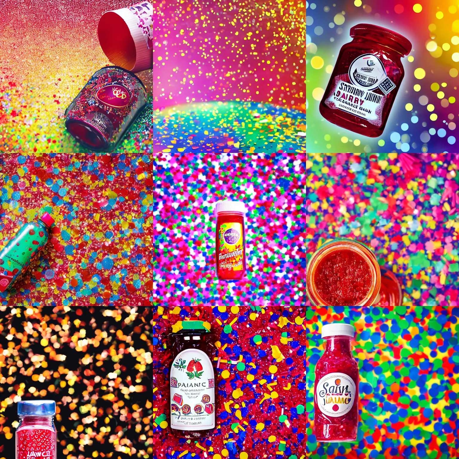 Prompt: big shiny bottle of strawberry jam in center of image and confetti around, particles, bokeh effect, slow move advertise, insance colorfull