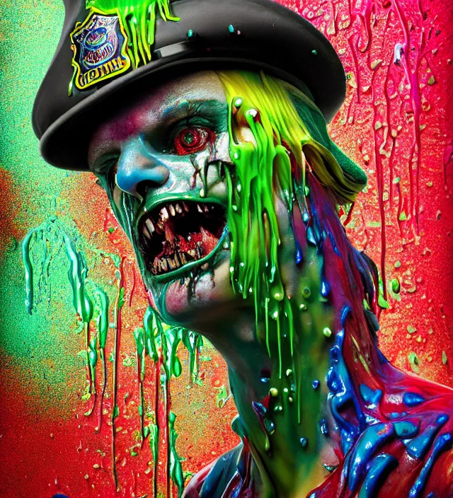 Image similar to beautiful 3 5 mm photograph of a slimy rotting zombie wearing a police uniform and police hat covered in colorful wet goop, dripping with colorful liquid, policeman, cop, biocop, intricate details, dark ambient, service cap, atmospheric, movie poster, poster, horror, elegant, super highly detailed, professional digital photo, artstation, concept art, 8 k