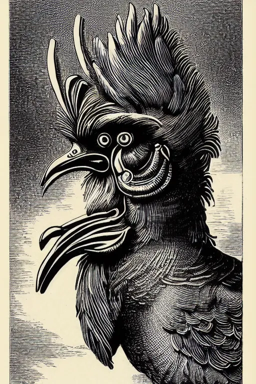 Prompt: 19th century wood-engraving of a rooster with a muscular man's body, whole page illustration from Jules Verne book titled Stardust Crusaders, art by Édouard Riou Jules Férat and Henri de Montaut, frontal portrait, high quality, beautiful, highly detailed, removed watermarks
