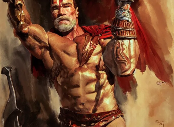 Image similar to a highly detailed beautiful portrait of arnold schwarzenegger as kratos, by gregory manchess, james gurney, james jean