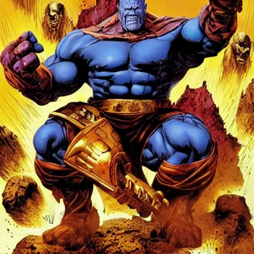 Prompt: by Simon Bisley, Thanos with the infinity gauntlet, 8k