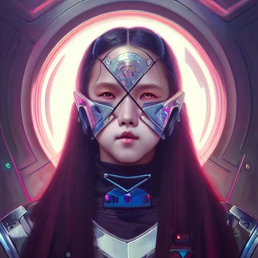 Image similar to portrait painting of olivia hye kpop as a cheerful smiling cyberpunk mercenary, ultra realistic, concept art, intricate details, eerie, highly detailed, photorealistic, octane render, 8 k, unreal engine. art by artgerm and greg rutkowski and magali villeneuve and alphonse mucha