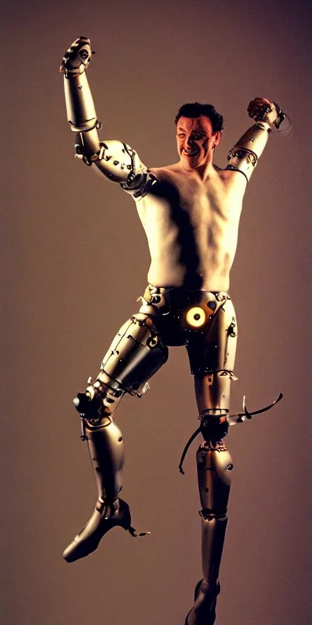 Image similar to wide lens photo of a human shaped showman dancing cyborg with two arms and two legs by james gurney, trending on artstation, film still