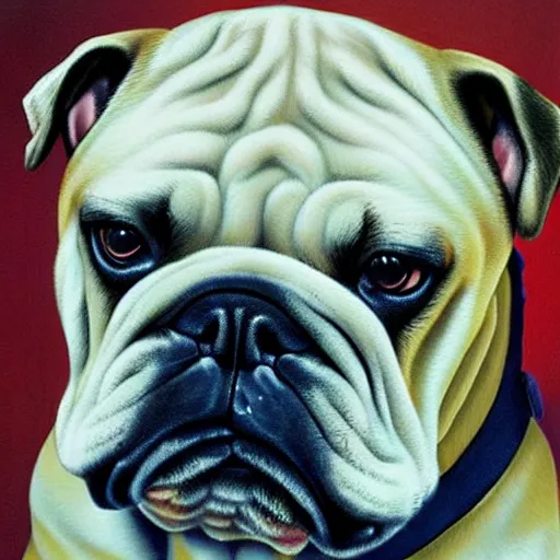 Image similar to a hyperrealistic portrait of an english bulldog as a gangster