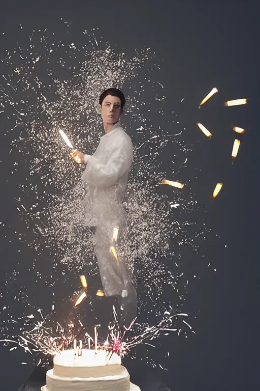 Image similar to margiela campaign featuring artist ben schumacher blowing out all the candles on the birthday cake, sparklers, realistic vfx simulation