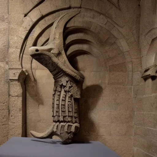 Prompt: ancient Irish, photo of stone carved statue of a dinosaur, romanesque style, in a museum room