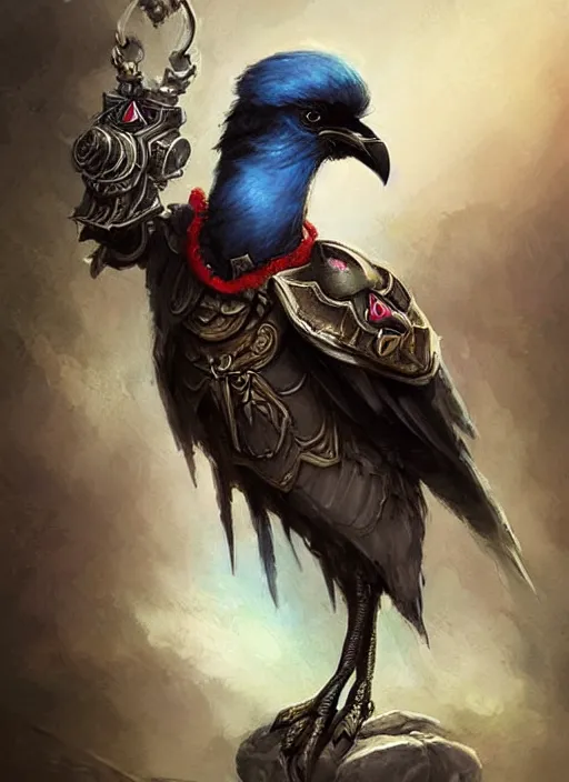 Prompt: cute little anthropomorphic crow dreamer wearing flamboyant pauldrons, tiny, small, miniature animal, baby animal, short, pale blue armor, cute and adorable, pretty, beautiful, DnD character art portrait, matte fantasy painting, DeviantArt Artstation, by Jason Felix by Steve Argyle by Tyler Jacobson by Peter Mohrbacher, cinematic lighting