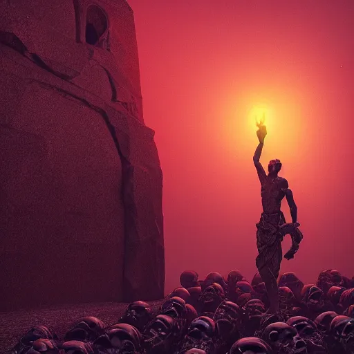 Image similar to beautiful dark landscape, old roman statue in front of a glowing red orb in front of a pile of skulls, in the style of beeple and Mike Winkelmann, intricate, epic lighting, cinematic composition, hyper realistic, 8k resolution,