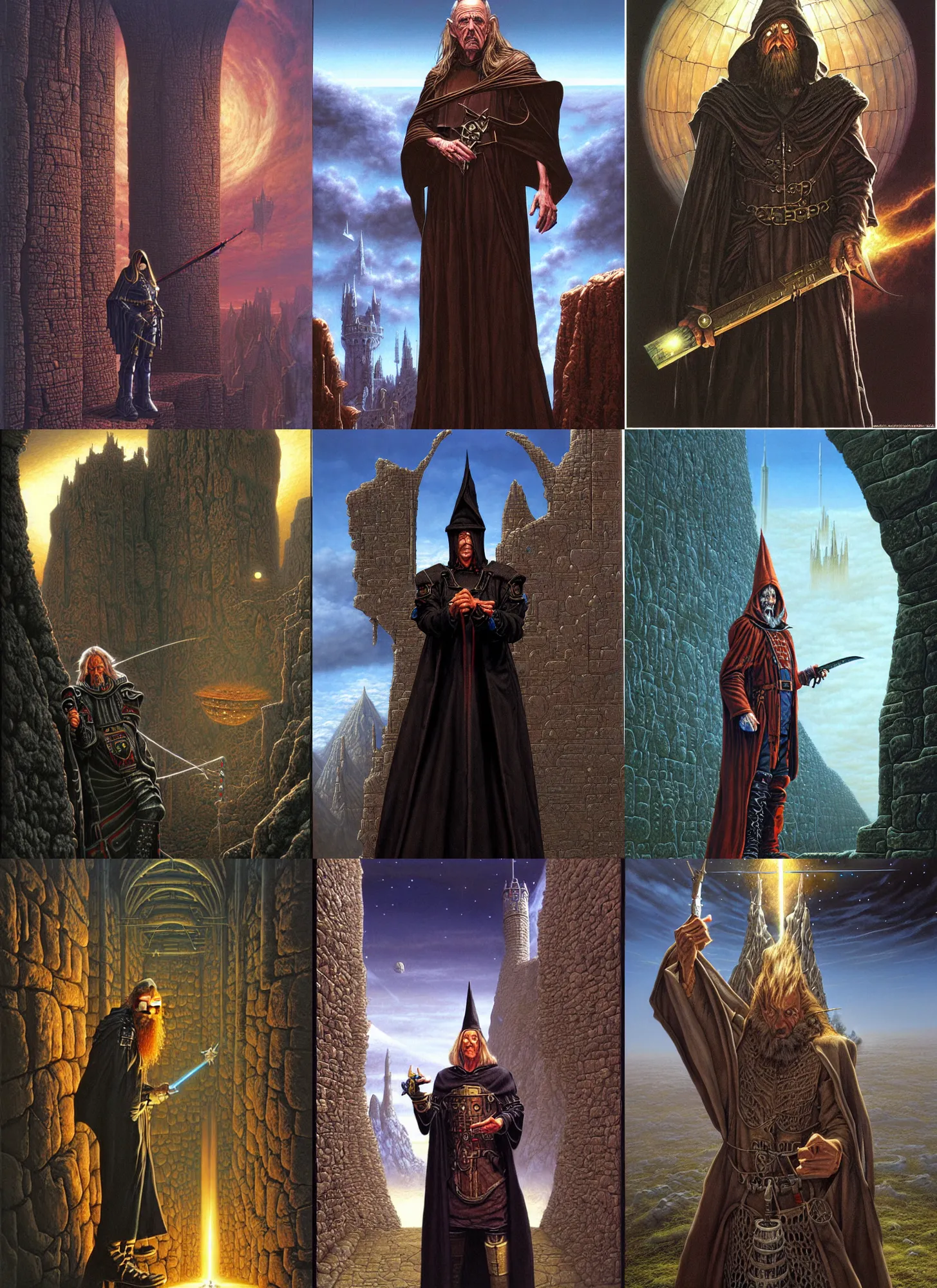 Prompt: peter elson painting of highly detailed, hyper realistic wizard with a dungeon background