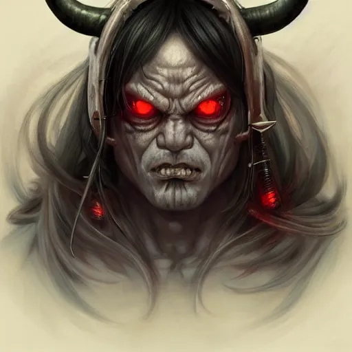 Image similar to portrait, cyberpunk japanese oni demon with horns, stern expression, long hair, highly detailed, digital painting, artstation, concept art, smooth, sharp focus, illustration, artgerm, tomasz alen kopera, peter mohrbacher, donato giancola, joseph christian leyendecker, wlop, frank frazetta