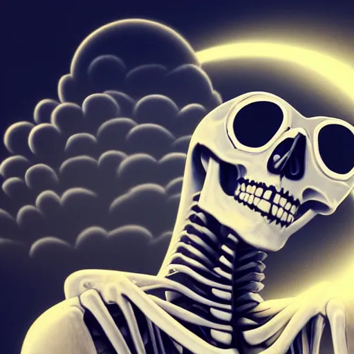 Prompt: beautiful portrait of skeleton in sunglasses with thumbs up, nuclear explosion in the background, trending on Artstation, realistic, HD, 4K, five fingers, highly detailed, high quality