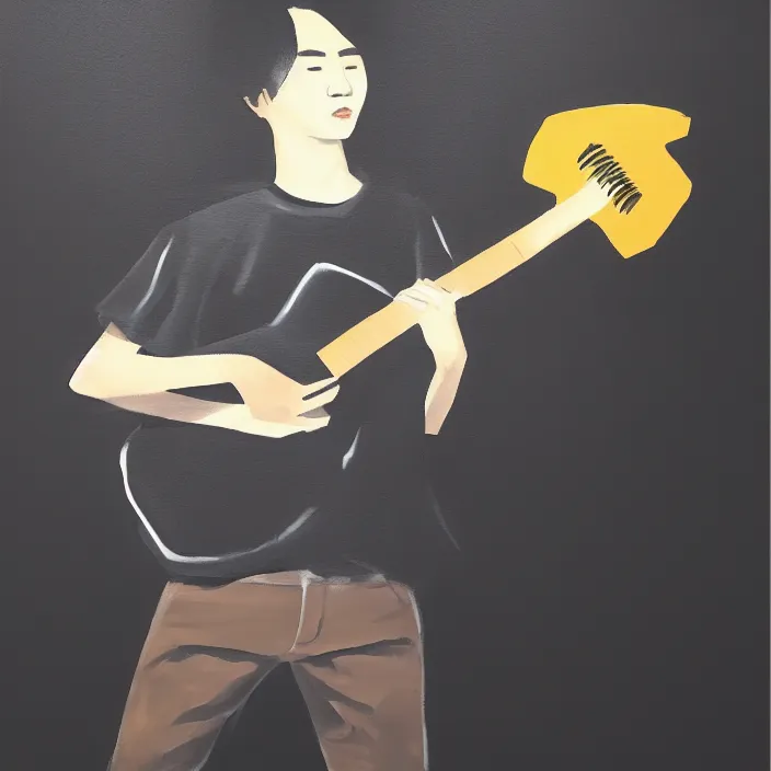 Image similar to minimal dramatic painting of a young korean man wearing black t shirt holding an electric guitar!!, dark background, huge dramatic brush strokes, matte colors, abstract, trending on artstation