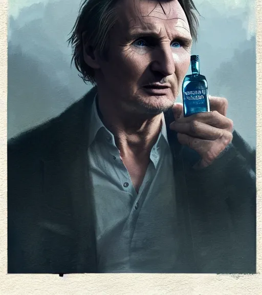 Image similar to liam neeson inside a gin bottle. magical atmosphere. art by greg rutkowski. lifelike. very detailed 8 k. intricate. soft light. nikon d 8 5 0.