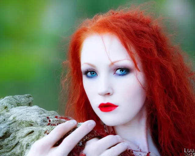 Prompt: award winning 5 5 mm close up face portrait photo of an anesthetic and beautiful redhead vampire lady who looks directly at the camera with bloodred wavy hair, intricate eyes that look like gems, and long fangs, in a park by luis royo. rule of thirds.