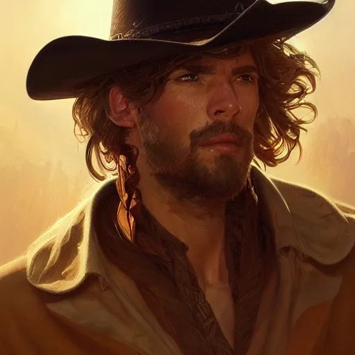 Image similar to portrait of a cowboy, elegant, intricate, headshot, D&D, fantasy, highly detailed, digital painting, artstation, concept art, sharp focus, illustration, art by artgerm and greg rutkowski and alphonse mucha