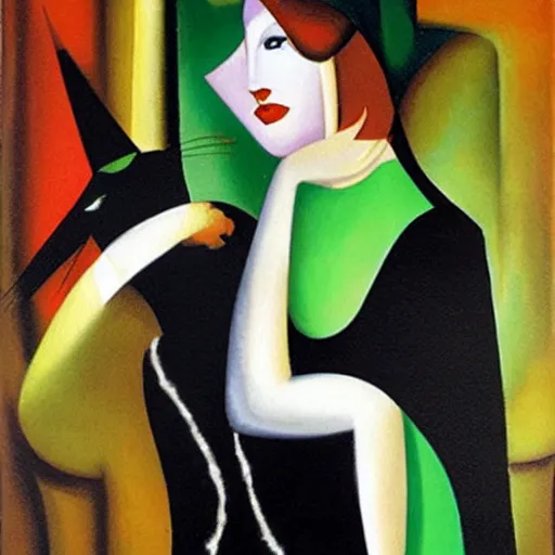 Image similar to a cat in an emerald city with a porsche 9 1 1 tamara de lempicka