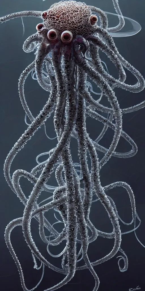 Image similar to concept art of an alien cybernetic arachnid octopus made of silica crystal and translucent cables, on a rock background, surrounded by spirals of fog, grimy, gritty, trending on artstation, award winning painting, close portrait, cgi, art by david cronenberg and chris cunningham