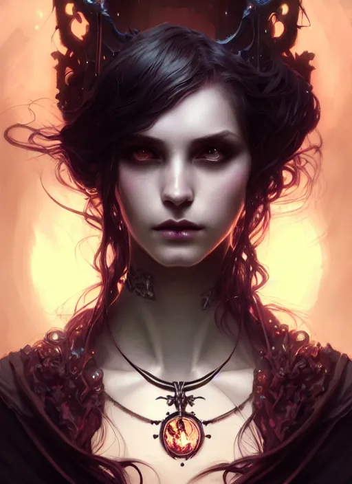 Image similar to Necromancer Sorceress, fantasy magic, undercut hairstyle, dark light night, intricate, elegant, sharp focus, illustration, highly detailed, digital painting, concept art, matte, art by WLOP and Artgerm and Greg Rutkowski and Alphonse Mucha, masterpiece