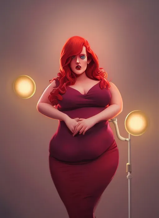 Image similar to full body portrait of teenage cheryl blossom, obese, bangs, green eyes, sultry, realistic, red hair, sultry smirk, wavy hair, pink skirt, fat, intricate, elegant, glowing lights, highly detailed, digital painting, artstation, concept art, smooth, sharp focus, illustration, art by wlop, mars ravelo and greg rutkowski