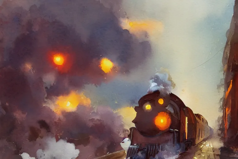 Image similar to small centered on watercolor paper, paint brush strokes, abstract watercolor painting of steam train voyage, cinematic light, national romanticism by anders zorn, by hans dahl, by jesper ejsing, by greg rutkowski, by greg manchess, by tyler edlin, by craig mullins