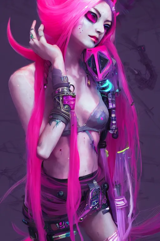 Image similar to jinx from league of legends, long pink hair, cyberpunk futuristic neon. decorated with traditional japanese ornaments by ismail inceoglu dragan bibin hans thoma greg rutkowski alexandros pyromallis nekro rene maritte illustrated, perfect face, fine details, realistic shaded, fine - face, pretty face