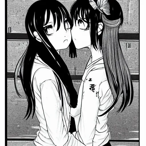 Image similar to portrait of two girls kissing, detailed manga art