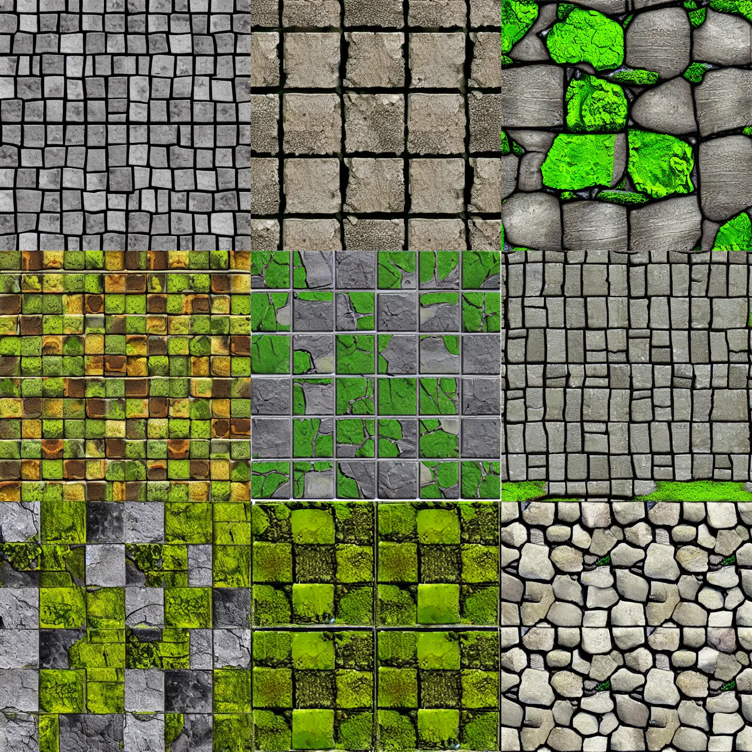 Prompt: pbr tile tileable cobblestone wall with moss between the cracks temple pattern stylized