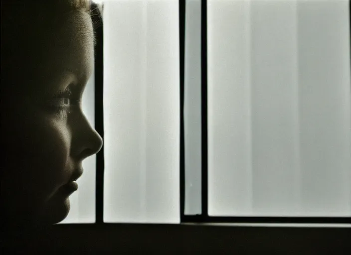 Image similar to close-up color film photography 1970s, long shot, young ginger woman in office with the shadow of the blinds on her face, soft focus, golden hour, soft light, 35mm, film photo, Joel Meyerowitz