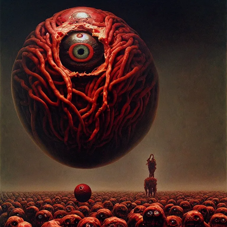 Image similar to a horrifying sphere of meat and eyeballs, by zdzisław beksinski and greg rutkowski, surreal, horror, oil on canvas, dark, nightmare fuel, highly detailed, hd