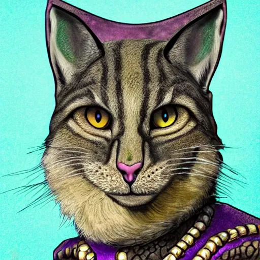 Prompt: d & d style, upper body portrait, tabaxi male, wearing studded leather, left eye green, right eye purple.