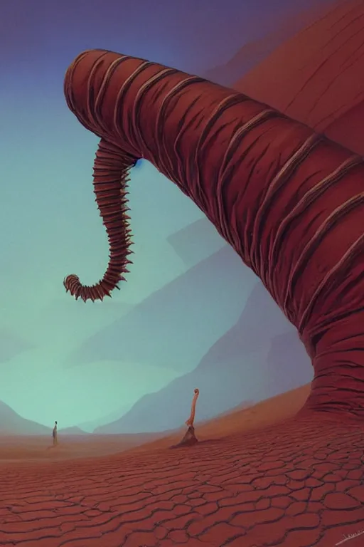 Image similar to a sandworm on arrakis, god emperor of dune, shai hulud, large desert worm by david a hardy, noriyoshi ohrai, gary ruddell, ( greg rutkowski ), salvador dali, moebius, makoto shinkai, highly detailed, cinematic composition, trending on artstation