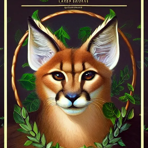 Image similar to laurel wreath on a head of cute fluffy caracal, photography of kurzgesagt, deep focus, d & d, fantasy, intricate, elegant, highly detailed, digital painting, artstation, concept art, matte, sharp focus, illustration, hearthstone, art by artgerm and greg rutkowski and alphonse mucha