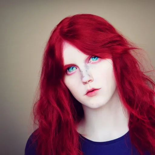 Image similar to a pale girl with piercing blue eyes and dyed wine red hair, soft facial features, looking directly at the camera, head shot, instagram picture