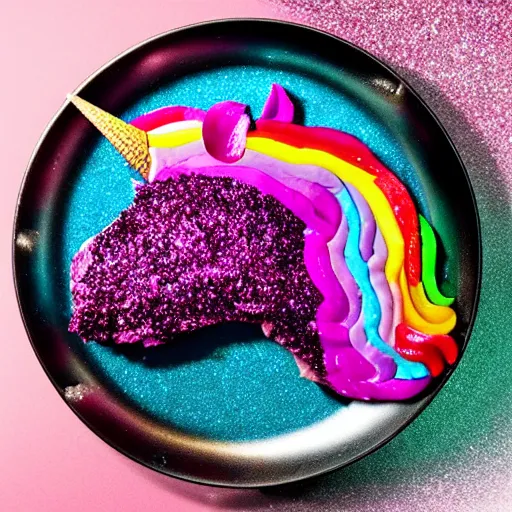 Image similar to a prime unicorn steak. rainbow colored meat with glitter