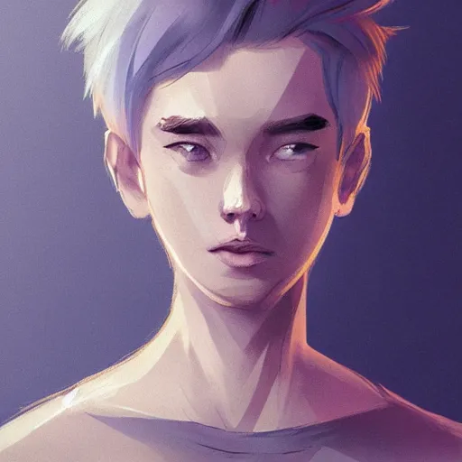 Image similar to portrait of a feminine young man with short white hair, bedhead, wearing a gray t shirt, dramatic lighting, illustration by Rossdraws, professional portfolio, 4k, digital art, concept art, trending on artstation