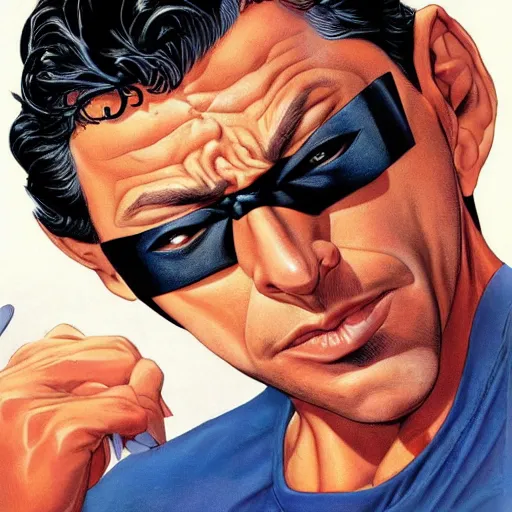 Prompt: young jeff goldblum as bruce wayne, muscular, batman t shirt, joe jusko, boris vallejo