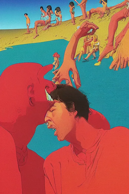 Prompt: a colorful vibrant closeup portrait of The Beach Boys licking a tab of LSD acid on his tongue and dreaming psychedelic hallucinations, by kawase hasui, moebius, Edward Hopper and James Gilleard, Zdzislaw Beksinski, Steven Outram colorful flat surreal design, hd, 8k, artstation