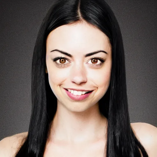 Image similar to a girl with long black hair, her face is a mix between aubrey plaza, krysten ritter and sarah hyland