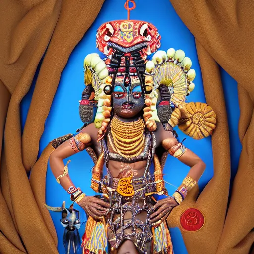 Prompt: A elegba eshu the yoruba god with cambodian goddess dress with cowrie shells for eyes dancing in the lake, blue color themed, insanely detailed and intricate, face painted, golden ratio, hypermaximalist, elegant, ornate, luxury, elite, James jean, Brian froud, ross tran, realistic 3D, hyper realistic, super detailed, realistic octane render, 8K, fashion photography