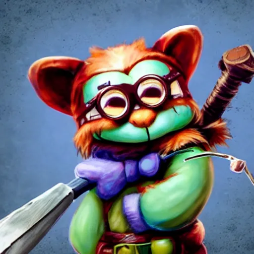 Image similar to still of Teemo from League of Legends in the style of Jim Henson, wearing goggles and wielding an axe