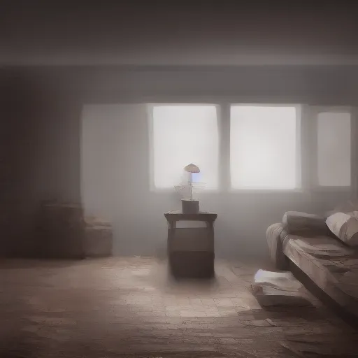 Image similar to wide shot of an almost pitch black family room in a house, at the bottom of a baseboard dim light emanates from a small mouse hole, 8K, 4K, digital art, concept art, art station, solace, tranquil, dusty.