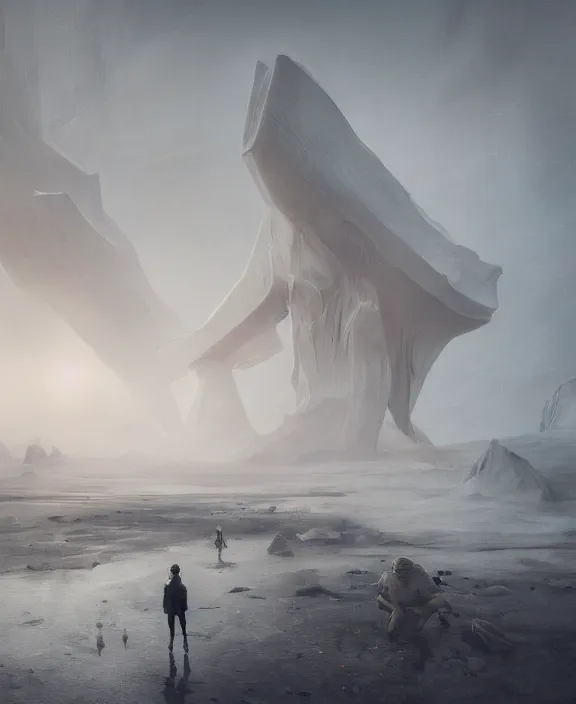 Image similar to surreal epic, masterpiece, romantic white exploration base, ancient ochre palette, impossible architecture by ruan jia, mecha floor, futuristic, blame, white architecture in the beach in iceland, foggy, highly detailed, digital painting, arstation, concept art, hyperealistic octane render, unreal engine