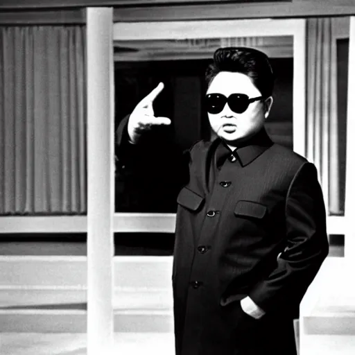 Image similar to Kim Jong-il in the role of James Bond, action filmstill, 1960s spy, Walther PPK