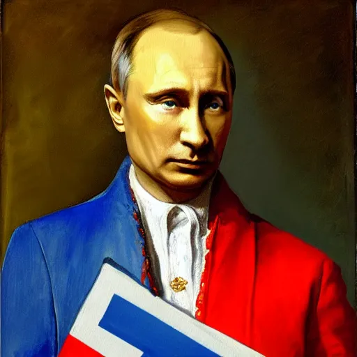 Prompt: painting of Vladimir Putin holding a Russian flag, Paolo Veronese style